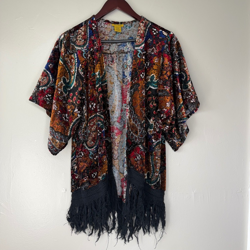Wrangler Womens Paisley Burnout Velvet Kimono Fringe Cardigan LWK405M Medium